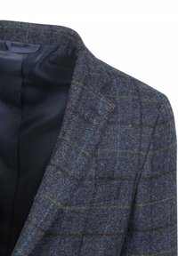 Wol blazer met een blauw-groen ruitpatroon, gestructureerde donkerblauwe voering en een klassiek revers ontwerp.