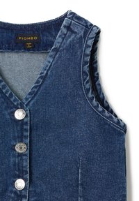 Jeansweste in Dunkelblau, mit V-Ausschnitt, fünf silbernen Druckknöpfen und einem leicht strukturierten Stoff mit einem leicht ausgefransten Saum.