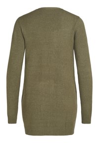 Långärmad, olivgrön tröja med ribbad nederkant och slät textur, med rund hals och rak klädsel.