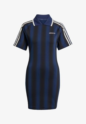 Adidas polo obleka v mornarsko modri barvi z vertikalnimi črtami, kratkimi rokavi, modrim ovratnikom in belimi trojnimi črtami na rokavih.