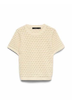 Haut tricoté à manches courtes de couleur crème avec un bord festonné et un motif ajouré complexe.