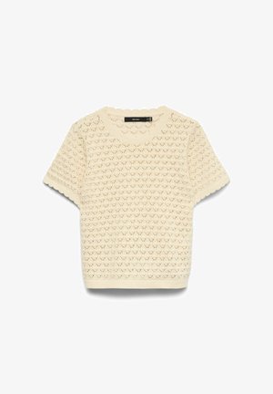 Haut tricoté à manches courtes de couleur crème avec un bord festonné et un motif ajouré complexe.
