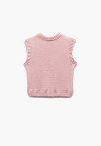 Roze mouwloze trui met een geribbelde ronde hals en zoom, gemaakt van een zachte gebreide stof met een gladde textuur.