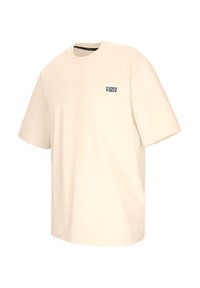 Off-white T-shirt met korte mouwen en kleine marineblauwe tekst "SUMMER VIBES" op de linkerkant van de borst, ronde hals en ontspannen pasvorm.