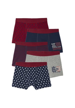 Five pairs of boys' boxer briefs in red, navy, gray with star and stripe patterns, featuring maroon waistbands and printed text designs.