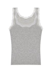 Grå bomulds tanktop med blondekant rundt om halsudskæringen og armhulerne. Glat tekstur og tætsiddende design. Mærkeetiket synlig i midten.