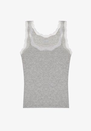 Gray cotton tank top with lace trim around the neckline and armholes. Smooth texture and fitted design. Brand label visible at the center.