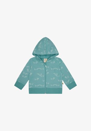 Teal Zip-up-Hoodie aus weichem Material mit wiederholtem weißen Hundemuster, ausgestattet mit einer gefütterten Kapuze und gerippten Bündchen.