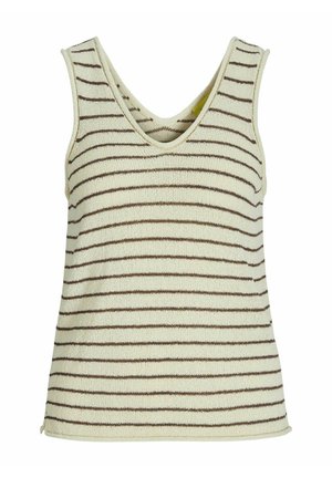 Gestreepte tanktop met een V-hals, zonder mouwen, met een crèmekleurige basis en donkerbruine horizontale strepen. Zachte textuur en een ontspannen pasvorm.