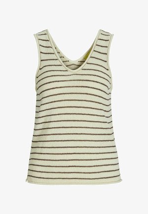 W paskowany top na ramiączkach z dekoltem w kształcie litery V, bez rękawów, w kremowej bazie i ciemno-brązowych poziomych paskach. Miękka w dotyku tkanina i luźny fason.