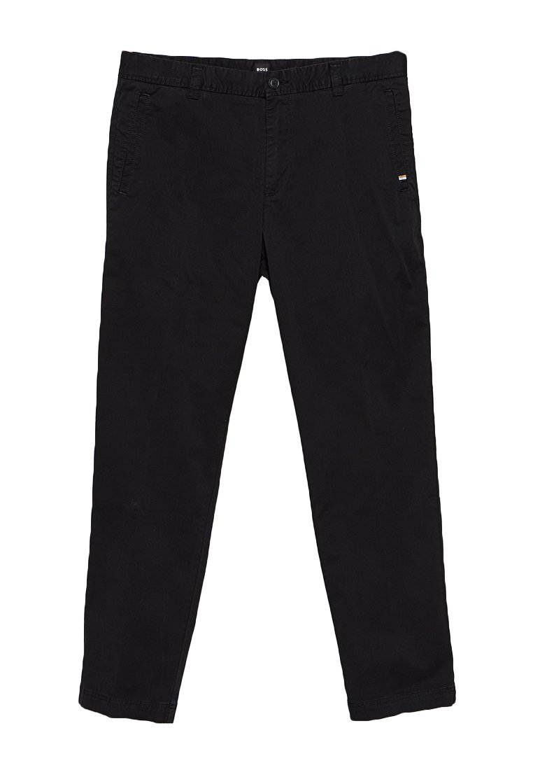 Schwarze Chinos aus Baumwolle mit geradem Schnitt, ausgestattet mit Vorder- und Gesäßtaschen sowie einem kleinen Markenetikett am Bund.