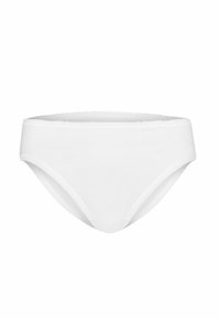 Weiße Baumwoll-Bikiniunterhosen mit glatter Textur, niedrig sitzendem Design und elastischem Bund. Einfache, nahtlose Kanten für zusätzlichen Komfort.