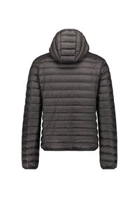 Veste matelassée gris foncé avec capuche, manches longues et coutures horizontales, vue de dos sur fond blanc.