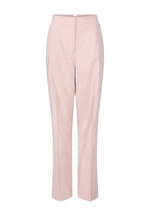 Helle rosa maßgeschneiderte Hose mit geradem Bein, die eine glatte Textur und ein dezentes gewebtes Muster aufweist. Hohe Taille für eine figurbetonte Optik.