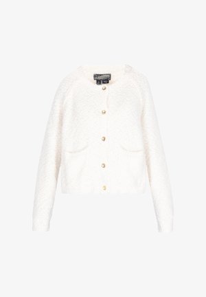 Cardigan bianco in maglia testurizzata con maniche lunghe, scollatura rotonda, cinque bottoni dorati e due tasche frontali.