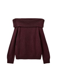 Burgundy off-the-shoulder sweater with long sleeves, ribbed cuffs and hem, made from a soft knit material with a relaxed fit.