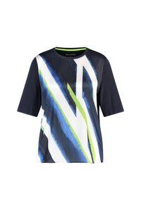 Kurze Ärmel T-Shirt mit navyblauem Grundton und lebhaften weißen, blauen und grünen abstrakten Streifen. Glattes Material mit rundem Halsausschnitt.