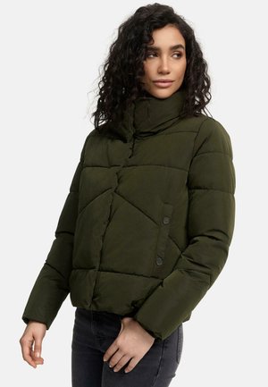 Olive green puffer jacket with a high collar, diagonal quilted pattern, and snap button details. Long sleeves and cropped fit.
