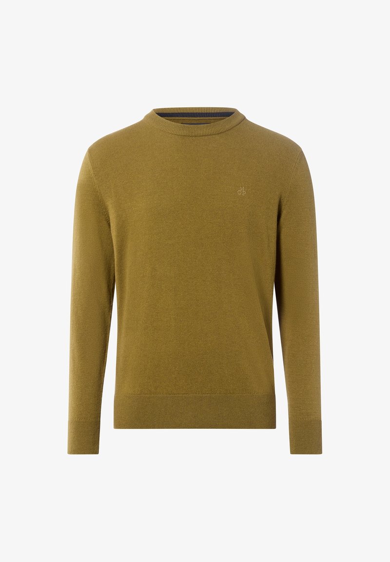 Pull col rond vert olive à manches longues, avec poignets et ourlet côtelés, et un petit logo brodé sur la poitrine gauche.