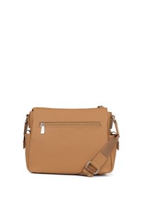 Borsa a tracolla color tan in pelle liscia, con tasca frontale con zip, tracolla regolabile e design minimalista con tasca laterale.