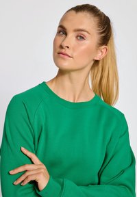 Zielona bluza z okrągłym, prążkowanym dekoltem i długimi rękawami, o miękkiej teksturze i luźnym kroju, noszona przez osobę z kucykiem.