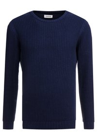 Pull tricoté côtelé bleu marine avec manches longues, encolure ronde et motif texturé. Fini par des poignets et un ourlet côtelés.