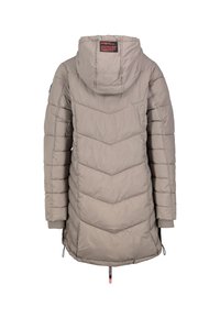 Beige gepolsterte Parkajacke mit Kapuze, mit einem Chevron-Design, gerippten Bündchen, verstellbarem Saum und einem Etikett auf der Rückseite.