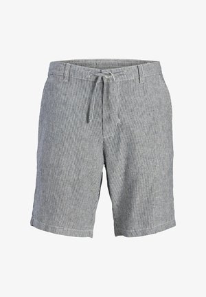 Prugasti kratki hlače v modri in beli barvi, lahkoten material, elastičen pas z vrvico, dolžina do sredine stegen, preprost dizajn z stranskimi žepi.