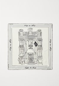 Sátén négyzet alakú sál, fekete-fehér vonalrajzzal egy kávézó épületéről, díszítő elemekkel, logóval és napernyős asztaltervezettel.