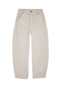 Beżowe dżinsy o luźnym kroju, pięć kieszeni i kontrastowe szwy. Posiadają boczną pętlę oraz prostą nogawkę.