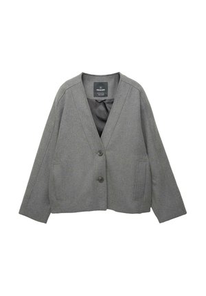 Veste en laine grise à deux boutons, col en V, manches longues et poches passepoilées à l'avant, intérieur doublé visible au niveau de l'encolure.
