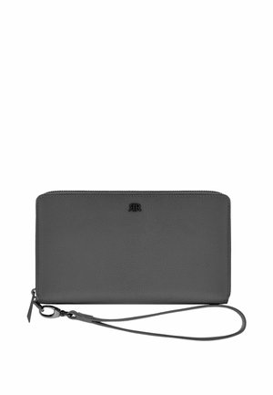 Gråt rektangulært håndleds-tegnebog med lynlåslukning og aftagelig rem, med en lille præget RR-logo på forsiden i midten.