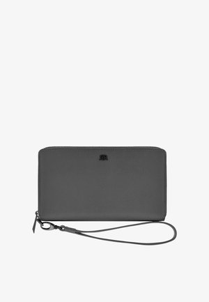 Portafoglio rettangolare grigio con chiusura a cerniera e cinturino staccabile, caratterizzato da un piccolo logo RR in rilievo al centro frontale.