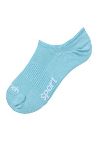 Hellblaues Knöchelsocke aus einem weichen, strukturierten Stoff, mit einem gerippten Design und weißem "Sport"-Logo an der Seite.