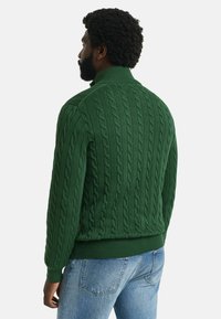 Grüner Kabelstrickpullover mit hohem Kragen, geripptem Saum und Bündchen. Die Textur weist ein auffälliges geflochtenes Muster auf.