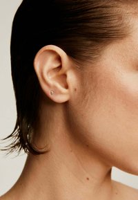 Pendiente de plata en forma de un pequeño corazón, con un fondo de piel suave y cabello corto y mojado, destacando un diseño minimalista.