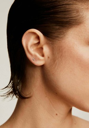 Pendiente de plata en forma de un pequeño corazón, con un fondo de piel suave y cabello corto y mojado, destacando un diseño minimalista.