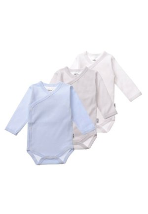 Three long-sleeve baby bodysuits: one light blue with white stripes, one light gray, and one white, featuring snap closures and a wrap design.