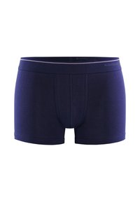 Navy blue boxers made of soft cotton blend; features a seamless waistband, a fitted design, and double-stitched seams for durability.