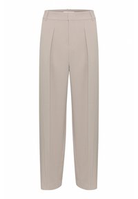 Beige vida byxor med slät tyg, veckad front och en ren midjedesign. Lämpliga för en mängd olika tillfällen.