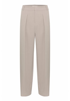 Beige wide-leg trousers featuring a smooth fabric, pleated front, and a clean waistband design. Suitable for a variety of occasions.