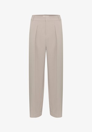 Beige wide-leg trousers featuring a smooth fabric, pleated front, and a clean waistband design. Suitable for a variety of occasions.