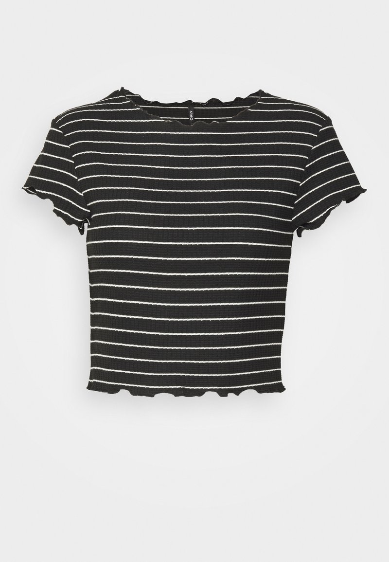 Top croppat cu dungi negre și albe, textură ribbed, mâneci scurte cu margini zimțate, decolteu rotund, croi lejer.