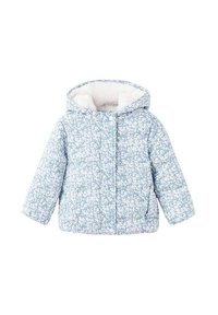 Giacca trapuntata azzurro chiaro con motivo floreale, dotata di cappuccio e morbido rivestimento bianco. Progettata per calore e comfort.