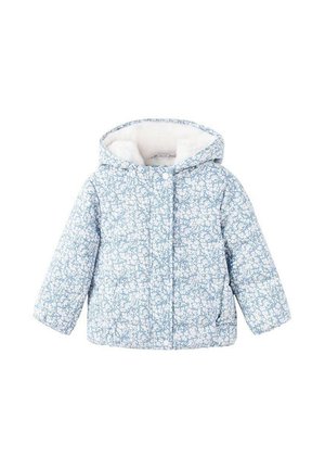 Giacca trapuntata azzurro chiaro con motivo floreale, dotata di cappuccio e morbido rivestimento bianco. Progettata per calore e comfort.