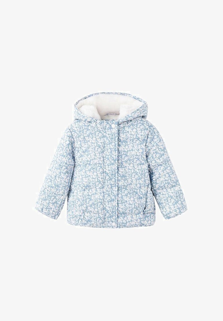 Giacca trapuntata azzurro chiaro con motivo floreale, dotata di cappuccio e morbido rivestimento bianco. Progettata per calore e comfort.