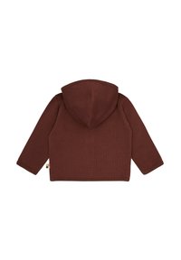 Bruine hoodie-jack in ribbelstructuur, met een ronde capuchon en lange mouwen. Zijlabel accentueert het ontwerp.