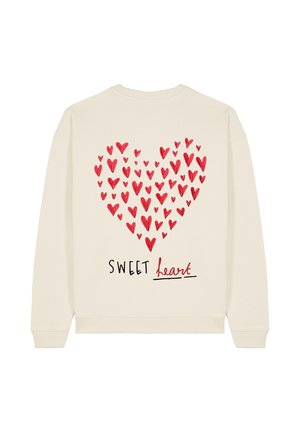 Sweat-shirt crème avec un grand motif de cœur rouge composé de plusieurs petits cœurs, avec le texte "SWEET heart" en noir en dessous.