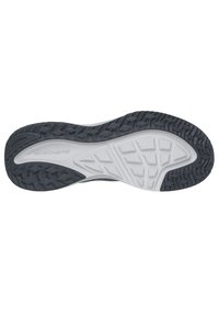 Skechers Schuhsohle mit einem schwarz-grauen Farbschema, strukturiertem Abriebmuster und einer weißen Zwischensohle zur Stoßabsorption.