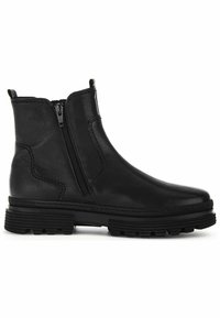 Bottine noire en cuir avec fermeture éclair latérale, bout arrondi, languettes en haut et semelle épaisse en caoutchouc rainurée.